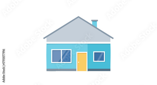 Stylized small single-family residence illustration with light blue walls, a light gray roof, and a golden door on a plain white background