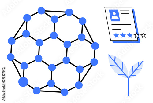 Molecular network, user profile with rating stars, and leaf illustration. Ideal for science, innovation, technology, research, sustainability biotechnology networking. Simple flat metaphor