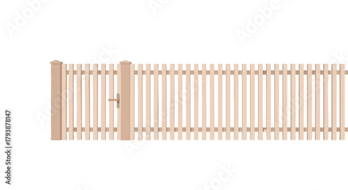 Light-colored wooden picket fence with a gate offering an element of charm and security to the isolated residential landscape design concept