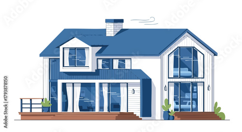 Stylized home illustration with contemporary design elements and tranquil blue tones creates a feeling of refined simplicity
