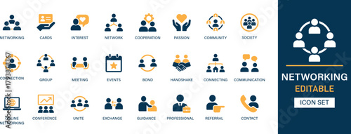 Networking icon set collection. Cards, interest, network, cooperation, passion, community, connection, meeting, group, contact and best solid icon set.