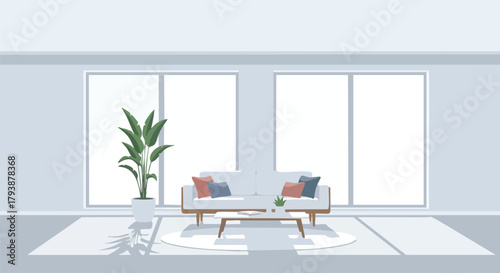 Serene interior visualization showcasing a minimalist living room bathed in natural light from expansive windows creating a calm and inviting ambiance
