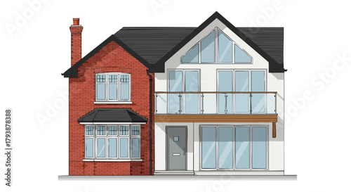 Detailed architectural rendering showcasing a contemporary two-story residential house design