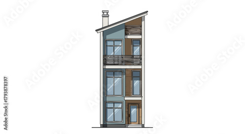Elegant architectural sketch showcases a modern three-story narrow townhouse design with asymmetrical roof and sleek balcony