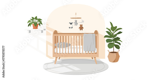 Serene Nursery Ambiance Depicting a Classic Wooden Crib with Soft Tones and Playful Mobile Decor for Peaceful Rest and Comfort