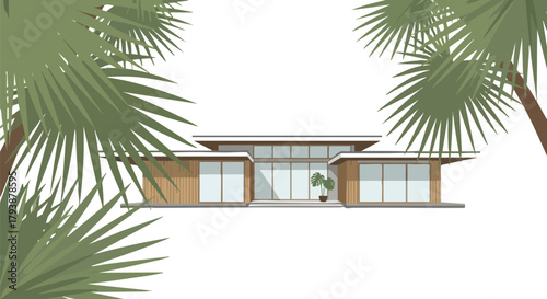 Contemporary architecture villa with minimalist style and palm trees creating a tropical serene ambiance, a dreamy design for modern living