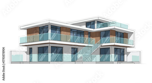 Architectural visualization: modern multi-story house with glass railing and staircase presenting refined contemporary living space design
