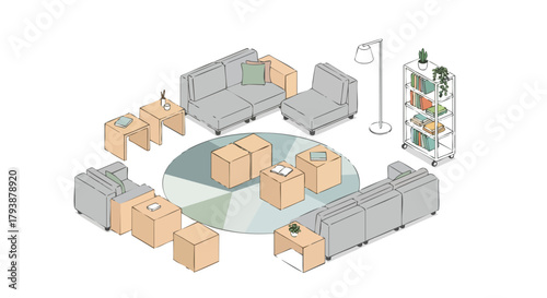 Conceptual interior design sketch showcasing modular furniture arrangement in a serene living space ideal for relaxation and creative collaboration