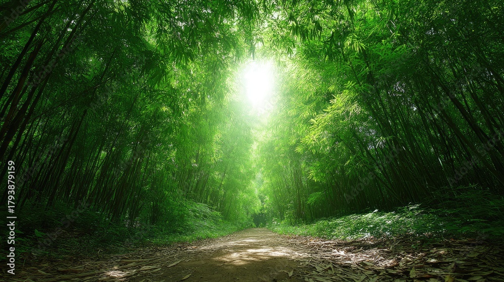 Obraz premium Lush Green Bamboo Forest Path with Sunlight Filtering Through Leaves