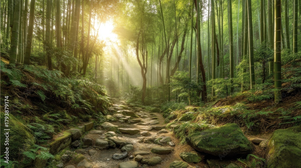 Obraz premium Serene Bamboo Forest with Sunlight Filtering Through Lush Greenery
