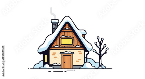 Charming Snowy Cottage Illustration with Stylized Details and Winter Season Elements Depicted in Muted Palette and Minimalistic Composition