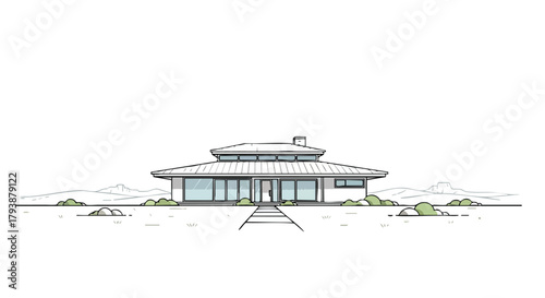 Architectural blueprint of a minimalist house design nestled in a tranquil desert landscape, evoking a sense of serene living