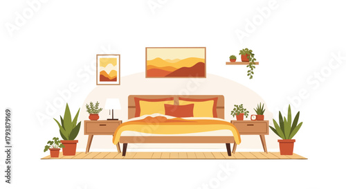 Inviting bedroom interior with warm hues, natural light, and botanical elements creating a serene and calming atmosphere