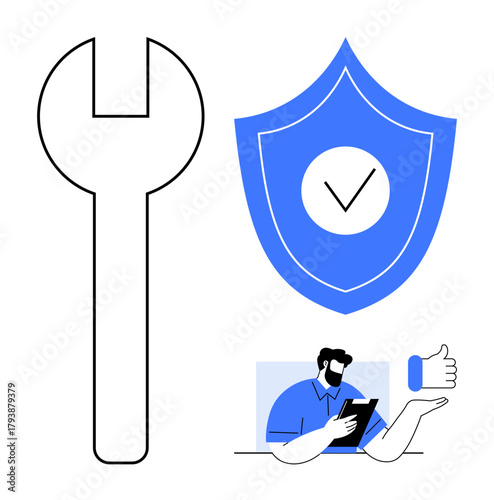 Wrench beside shield with a checkmark, man using a tablet and gesturing thumbs up. Ideal for protection, maintenance, reliability, approval, customer service, support assurance. Simple flat metaphor
