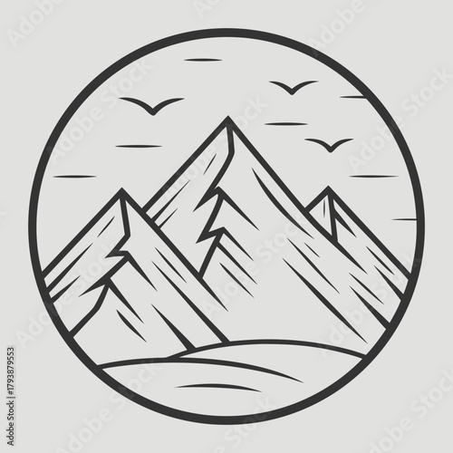 Mountain Peak Logo: A minimalist line art logo featuring majestic mountain peaks and soaring birds, representing the beauty and grandeur of the natural world.