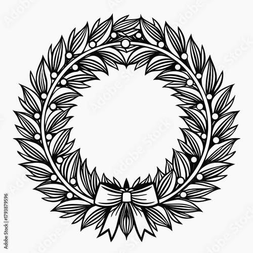 Floral Embellishment Wreath: The exquisite floral wreath, gracefully encircled, adorned with lush leaves and a delicate bow, radiates timeless elegance and subtle charm.