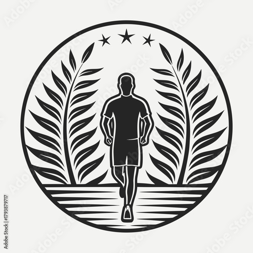 Running Silhouette in Emblem: A dynamic silhouette of a runner charging forward, framed by laurel branches and stars, symbolizing victory and athletic prowess.