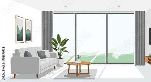 Stylized Living Room Interior with Minimalist Design and Natural Light Streaming Through Large Windows creating a Sense of Serenity and Calm