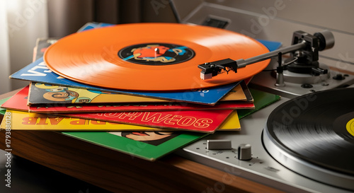 Vintage vinyl records stacked on a turntable, a nostalgic glimpse into analog music playback