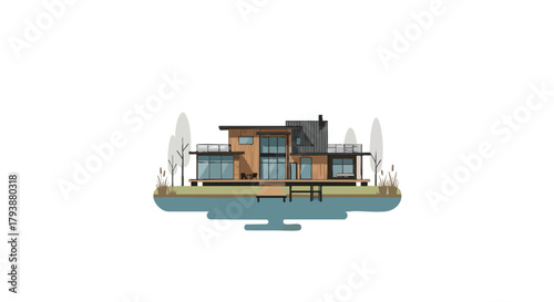 Stylized modern waterside house illustration with dock and serene atmosphere depicting a contemporary dwelling nestled beside the water and soft