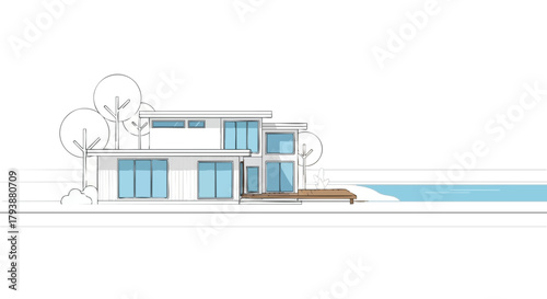 Modern Architectural House Sketch with Pool Design, Presenting Elegant Dwelling Near The Water And Verdant Tree Line Along The Grounds