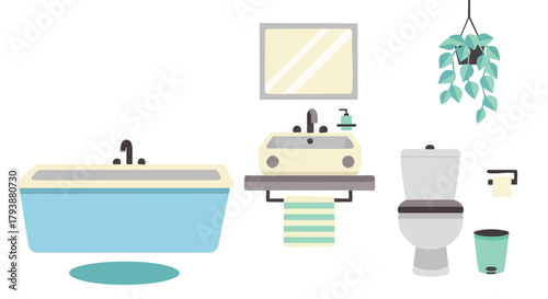 Stylized Bathroom Interior Illustration Showcasing a Bathtub, Sink, Toilet, and Hanging Plant in a Minimalistic Design