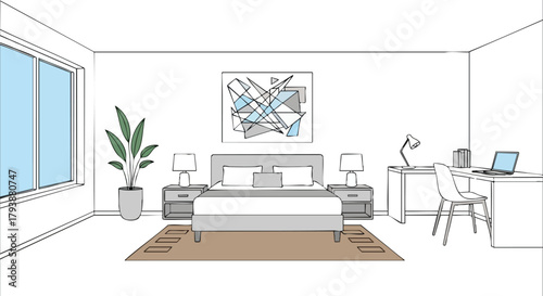 Stylish bedroom interior with a blend of sleeping and workspace elements providing a modern and serene atmosphere ideal for rest and productivity