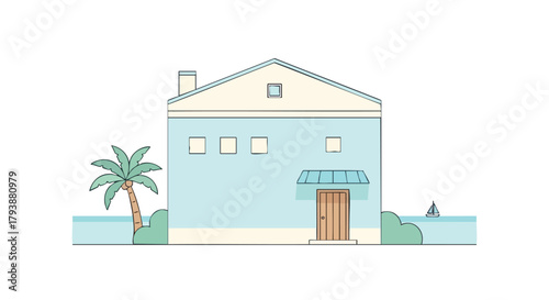 Tranquil beachfront property illustration, captivating coastal home with sailboat view and swaying palm, inviting and serene architectural style