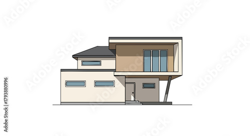 Modern Residence Design: An Architectural Depiction of a Two-Story Residential Structure with Unique Projections and Minimalist Windows on a White