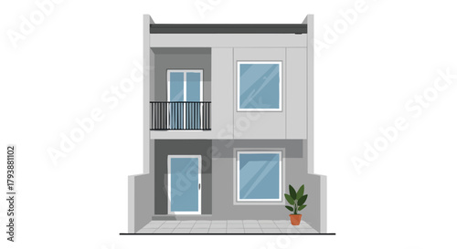 Modern Residential Facade Design Concept with Balcony, Door, Windows and Potted Plant Illustration