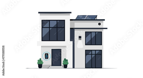 Modern Sustainable Home with Smart Security System and Solar Panels Design Illustration