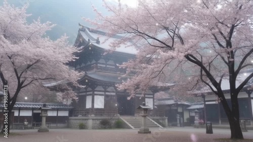 桜が舞う春の寺院　静寂と美しさを感じる風景