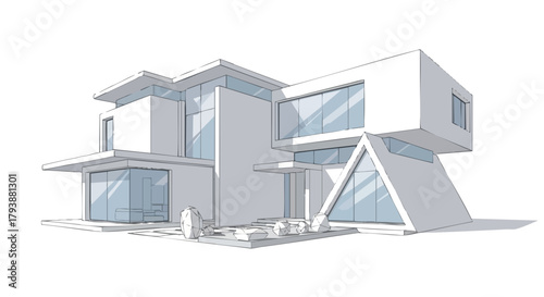 Modern Architectural Sketch of a Unique Residential Home with Geometrical Elements and Clean Lines
