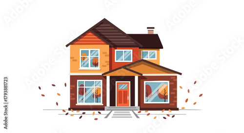 Stylized depiction of a two-story suburban home with fallen autumnal leaves