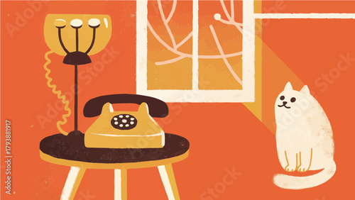 with a cute cat sitting beside it, soft lighting and warm nostalgic tones.