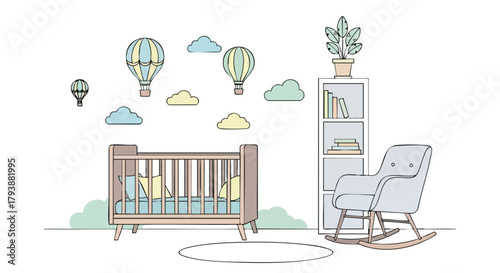 Cozy nursery scene featuring a cot, rocking chair, balloons, and bookshelf with cartoonish vector aesthetic ideal for baby themed content