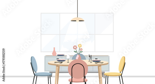 Stylish dining room illustration featuring a table set for a meal and modern furniture arrangements