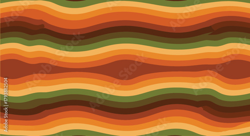 A vibrant abstract seamless pattern of undulating wavy lines. This retro 70s groovy background features warm earthy colors for a vintage feel