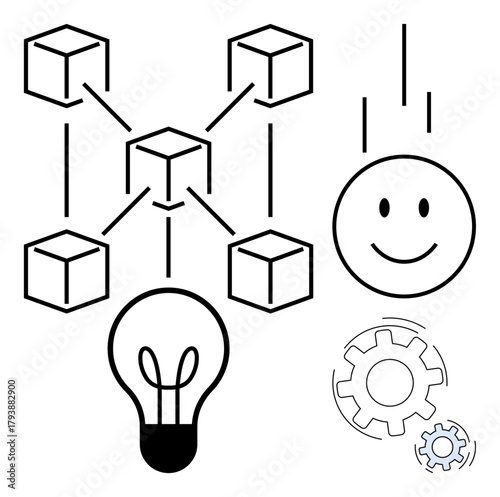 Network of interconnected blocks, light bulb, smiling face, and gears illustrate creativity, blockchain, teamwork, sustainability, synergy innovation and technology. Ideal for problem-solving or