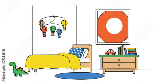 Whimsical Child's Room Illustration with Hot Air Balloon Mobile and Dinosaur Toy a Creative Rendering for Decor and Play