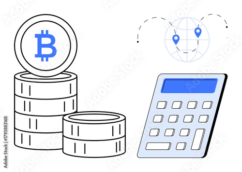 Stacked bitcoin coins, a calculator, and global map icons presenting blockchain and cryptocurrency concepts. Ideal for finance, crypto economy, investment, global trade, technology, fintech cost