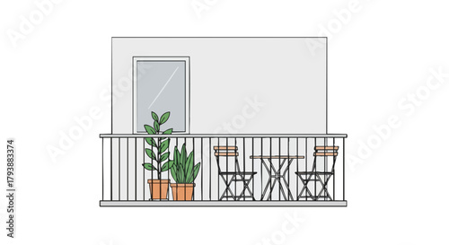 Serene balcony illustration with potted plants and bistro set conveying urban tranquility and simple architectural charm, evoking a sense of calm