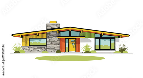 Stylized Illustration of a Mid-Century Modern Ranch Home with Unique Architectural Details