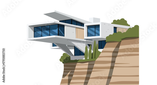 Architectural marvel modern house perched dramatically atop a cliff overlooking a scenic landscape offering a sense of luxury and serene living