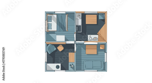 Intricate Two-Story Home Blueprint with Detailed Furniture Arrangement and Modern Color Palette Presentation