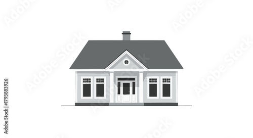 Gray scale minimalist home with gable roof and chimney stands serenely on a white backdrop, evoking a peaceful and modern living space