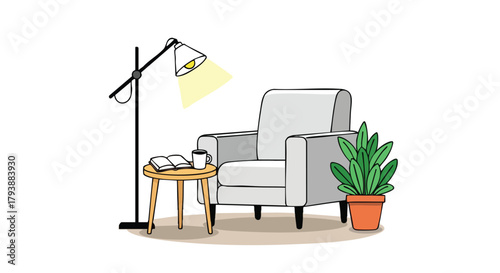 Cozy Reading Nook: A Minimalist Illustration of a Comfortable Armchair Setup with Soft Lighting and a Touch of Greenery
