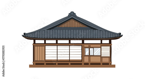 Illustration of a serene and quaint traditional Japanese teahouse on a pristine white backdrop
