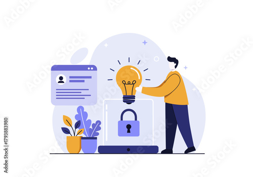 Person holding a lightbulb beside a laptop with a lock on the screen, representing ideas and digital security