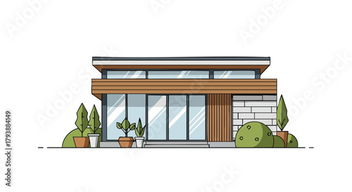 Modern Home Illustration with Clean Lines, Natural Wood Accents, and Lush Greenery Revealing Architectural Simplicity, Home Design and Harmonious
